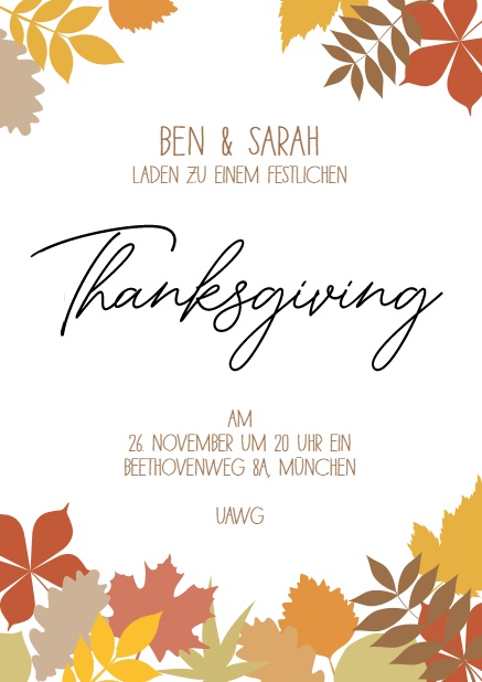 Online Thanksgiving Einladungskarte mit herbstlichen Blättern als Rahmen