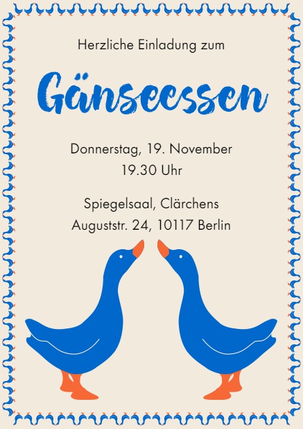 Online Einladung zum Gänseessen mit 2 blauen Gänsen