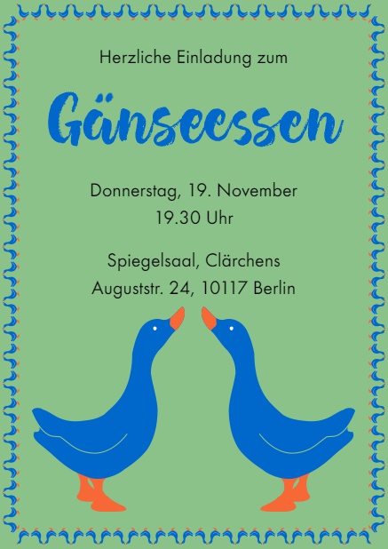 Online Einladung zum Gänseessen mit 2 blauen Gänsen Grün.