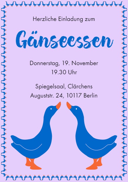Online Einladung zum Gänseessen mit 2 blauen Gänsen Lila.