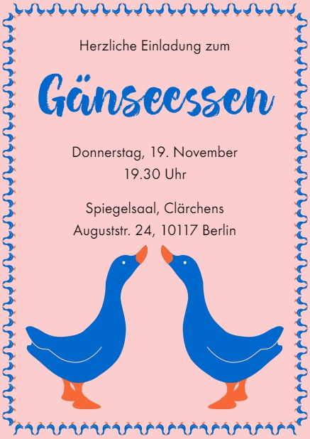 Online Einladung zum Gänseessen mit 2 blauen Gänsen Rot.
