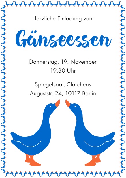 Online Einladung zum Gänseessen mit 2 blauen Gänsen Weiss.