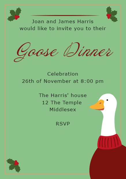 Online invitation with warmly dressed goose Green.