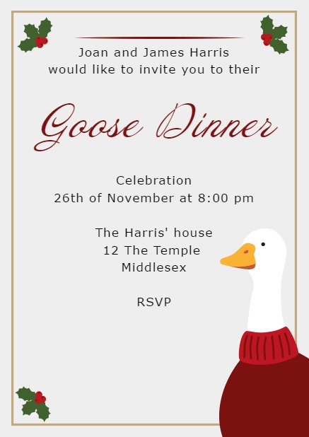 Online invitation with warmly dressed goose Grey.