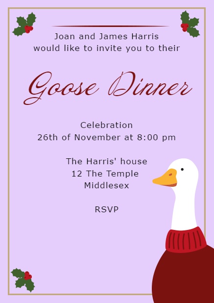 Online invitation with warmly dressed goose Purple.
