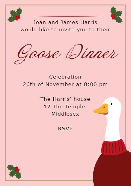 Online invitation with warmly dressed goose Red.