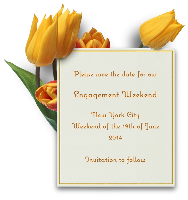 Blumen save the date Kartenvorlage in weiss mit gelbem Rand und digitalen gelben Tulpen.