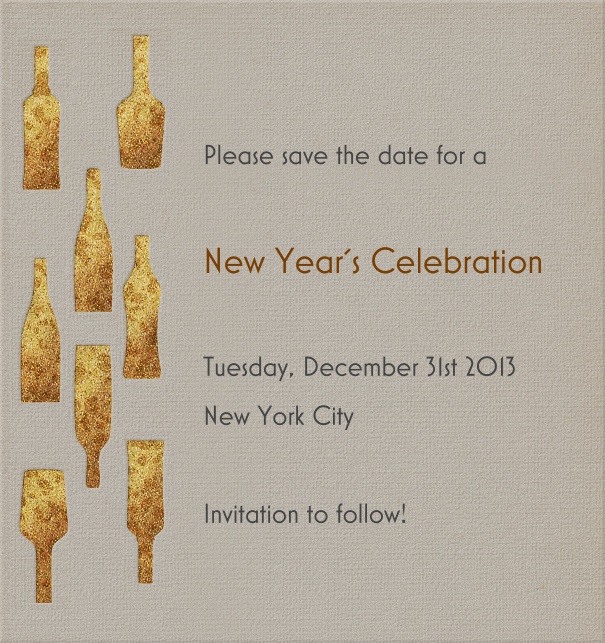 High Beige Event Celebration Save the Date Card with Gold Champagne Bottles.