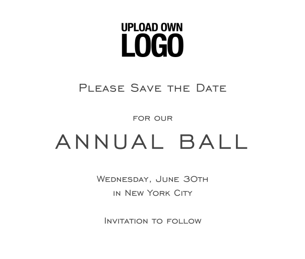 Squared online invitation template for corporate events and annual ball with bright background and text box in the middle with space on the top to upload own logo.