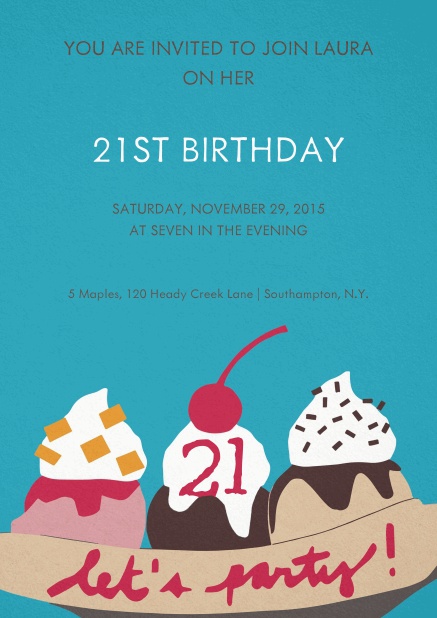 Invitation with ice cream and cherry on top for 21st birthday.