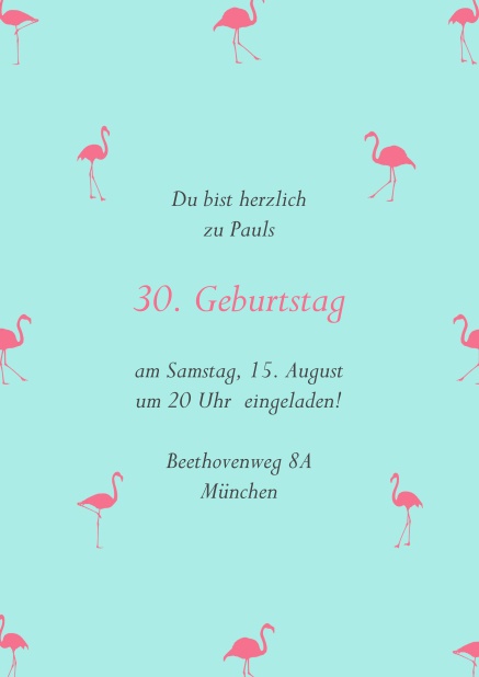 Online Einladung mit pinken Flamingos zum 30. Geburtstag.