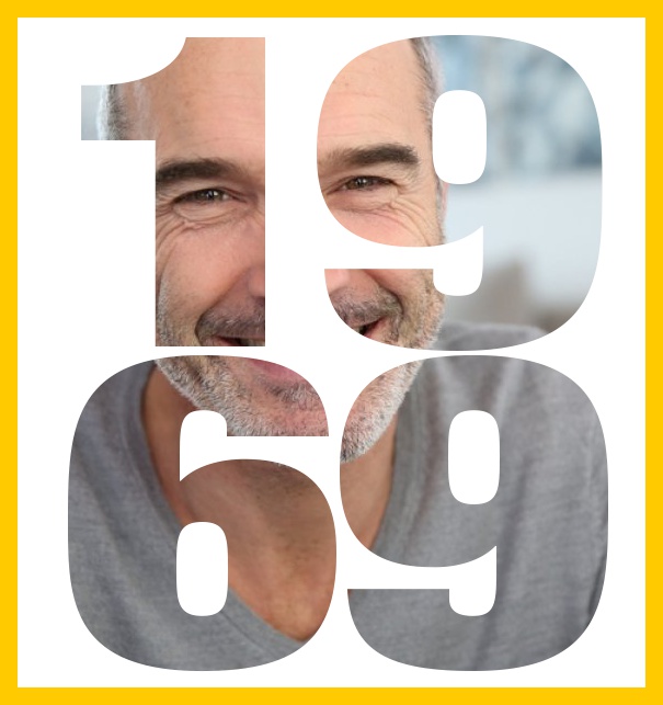 Born 1969 large - Yellow - 50th Birthday Large online invitation card for 50th birthday invitations with frame and year of birth 1969. Yellow.