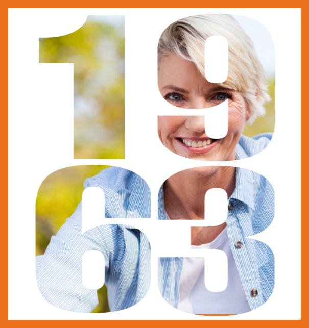 Geburtsjahr 1963 - Orange - 60. Geburtstag Online Einladungskarte mit ausgeschnittenem 1963 in gross Orange.