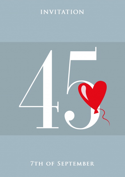 Online invitation card with 45 and red heart balloon Grey.