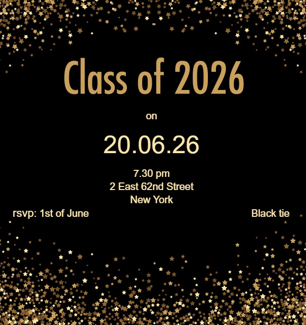 Online Einladungskarte mit Class of 2026 Text mit goldenem Glitter Schwarz.
