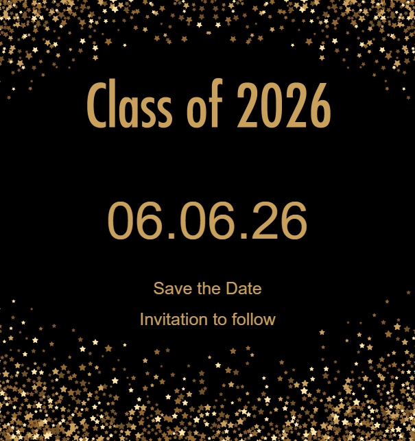 Online Save the Date Karte mit Class of 2026 Text und goldenem Glitter Schwarz.