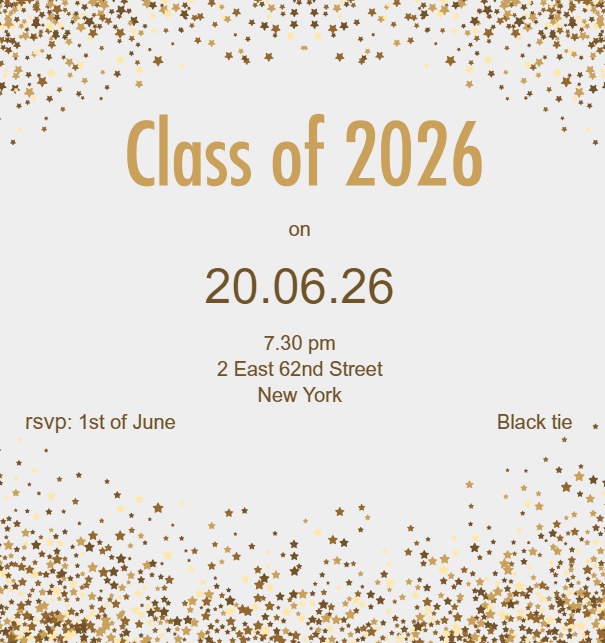 Online Einladungskarte mit Class of 2026 Text mit goldenem Glitter Grau.
