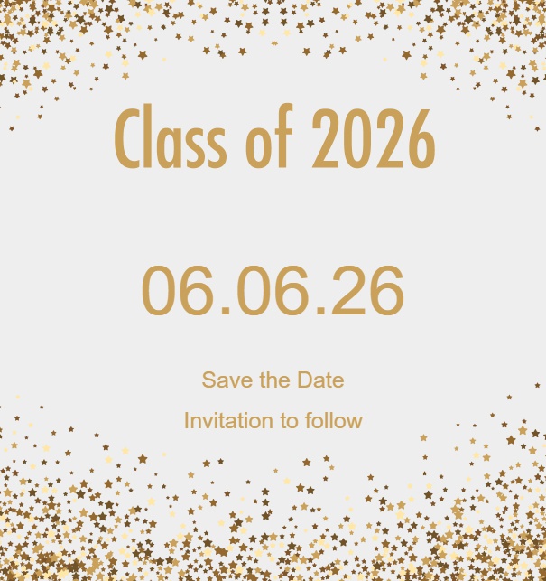 Online Save the Date Karte mit Class of 2026 Text und goldenem Glitter Grau.
