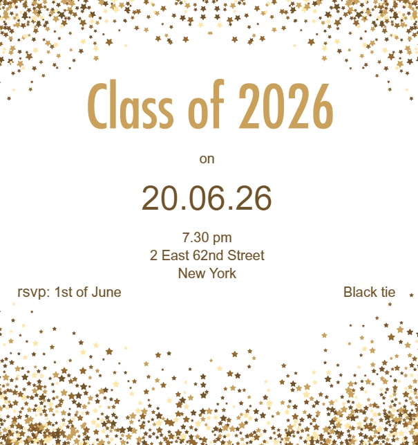 Online Einladungskarte mit Class of 2026 Text mit goldenem Glitter Weiss.