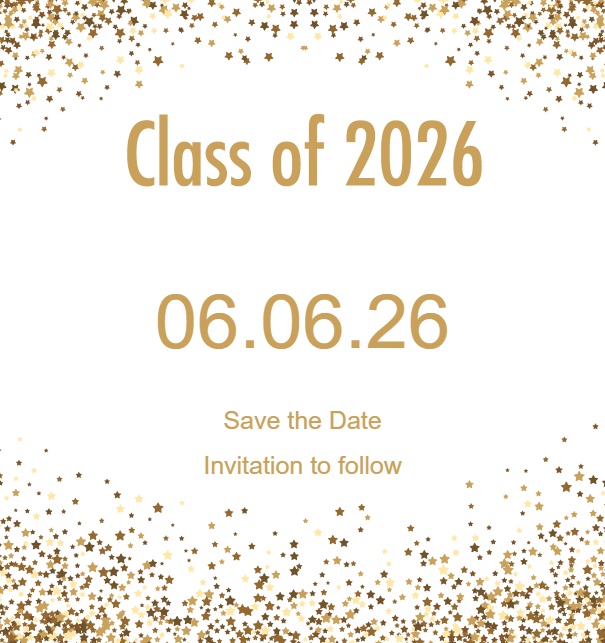 Online Save the Date Karte mit Class of 2026 Text und goldenem Glitter Weiss.