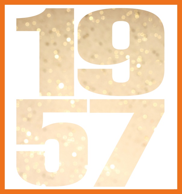 Große Online Einladungskarte mit ausgeschnittener Zahl 1957 Orange.