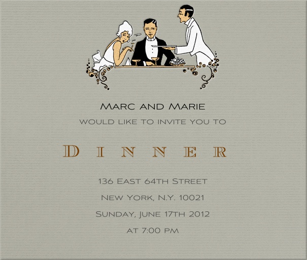 graufarbene Dinner  Einladungskarte in Quadratformat mit einem eleganten Rendezvous Bildnis oben auf der Karte.