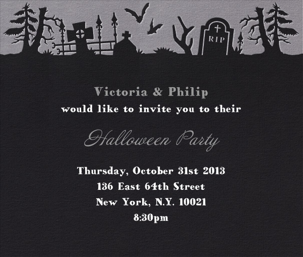 Black Halloween themed invitation template with cemetery motif.