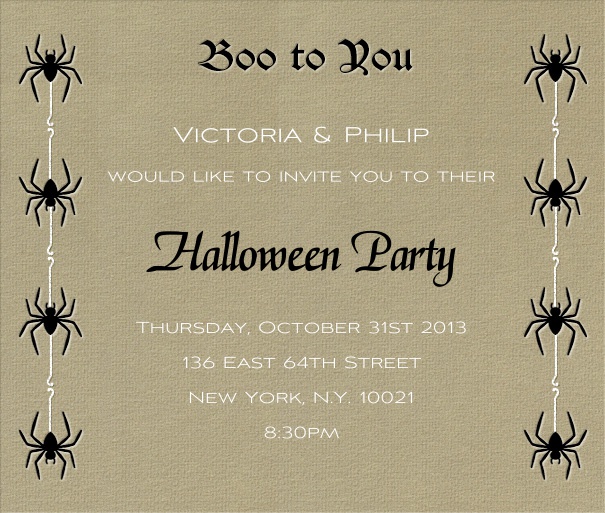 Brown Halloween Party Invitation Design with Spiders and web.