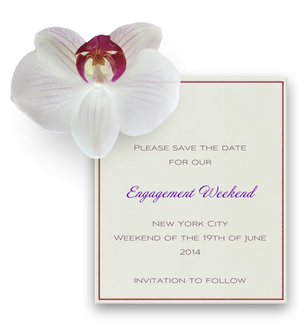 Blumen save the date Kartenvorlage in weiss mit Lila Rand und digitaler weißer Orchidäe.
