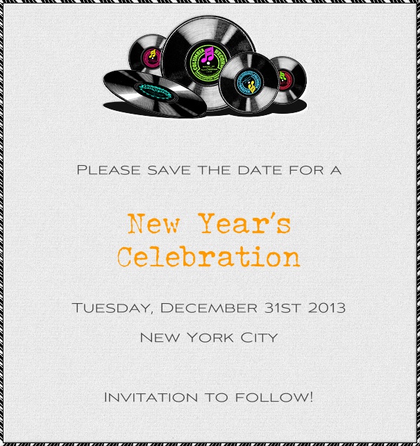 High White Party Save the Date Card with Records Motif.