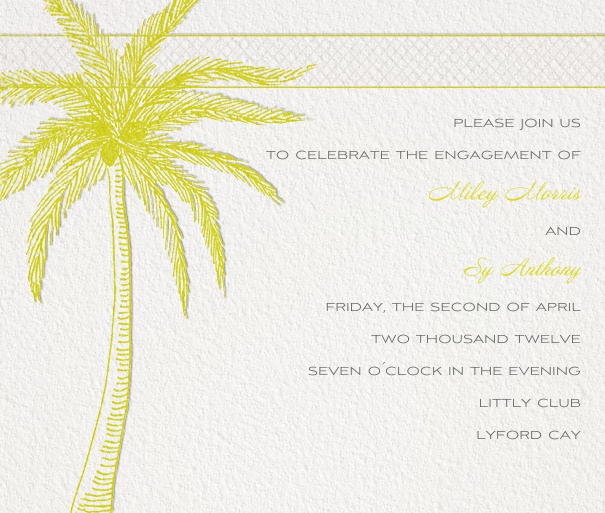 Online Weiße Hochzeitseinladungskarte mit gelber Palme.