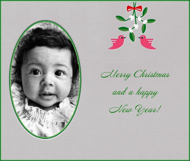 Weihnachtsfotokarte für Online Weihnachtskarten mit Fotorahmen, Textfeld und Mistelzweig.