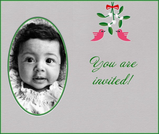 Querformat Weihnachtsfotokarte für Online Einladungen. Papierfarbe ist Grau mit Fotorahmen und Textfeld und Mistelzweig als Designelement.