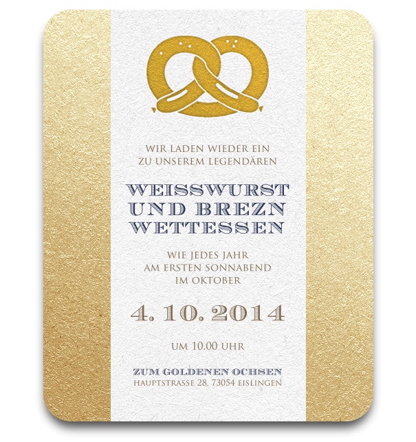 Online Einladungskarte zum Oktoberfest mit goldenem Rahmen und goldener Brezel.
