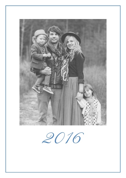 Weihnachtskarte mit Fotofeld und 2015 gestaltetem Text. Blau.