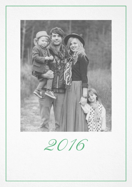 Weihnachtskarte mit Fotofeld und 2015 gestaltetem Text. Grün.