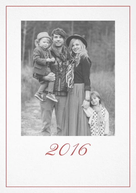 Weihnachtskarte mit Fotofeld und 2015 gestaltetem Text. Rot.