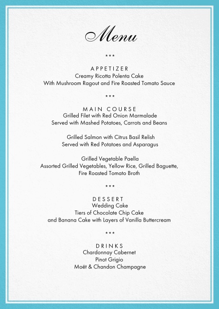 Menu card with light blue frame and editable text.