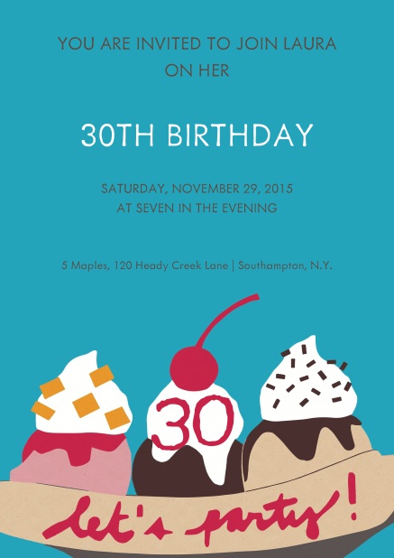 Online invitation with ice cream and cherry on top for 30th birthday.
