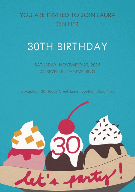 Invitation with ice cream and cherry on top for 30th birthday.