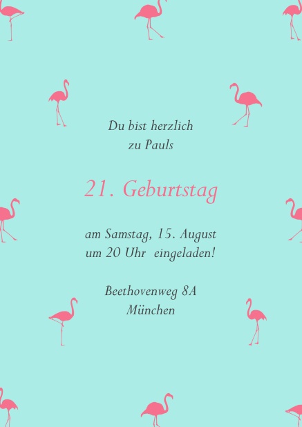 Online Einladung mit pinken Flamingos zum 21. Geburtstag.