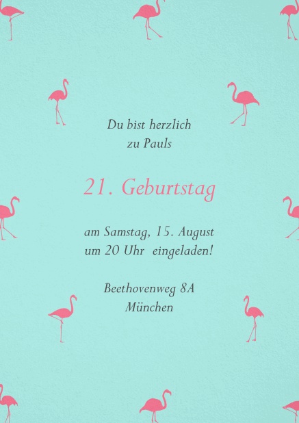 Einladung mit pinken Flamingos zum 21. Geburtstag.