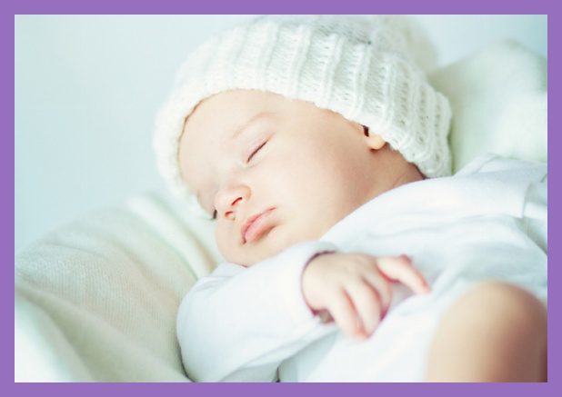 Birth announcement card with photo and frame in optional colors. Purple.