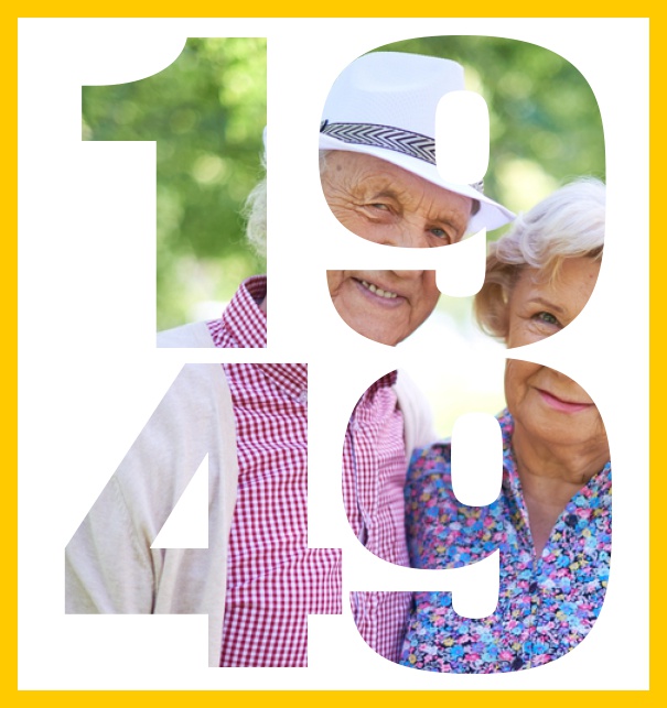 Large online invitation card for 70th birthday invitations with frame and year of birth 1949. Yellow.