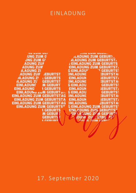 Online Einladungskarte zum 40. Jubiläum mit großer Zahl 40 und einem ausgeschriebenen Schriftzug vierzig. Orange.