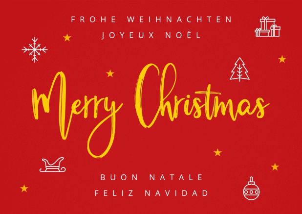 Red Christmas Card with golden Merry Christmas text in many languages.