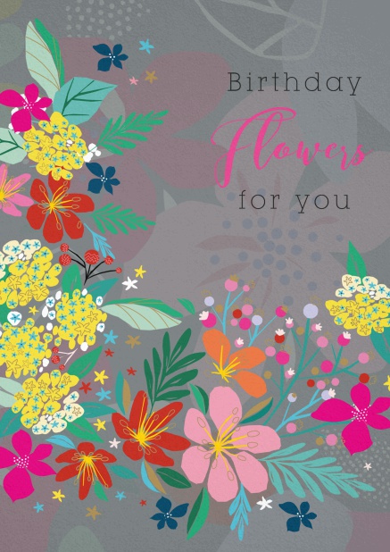 Graue Geburtstagskarte mit farbigen Blumen