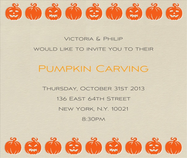 Square tan halloween themed invitation card with pumpkin border.