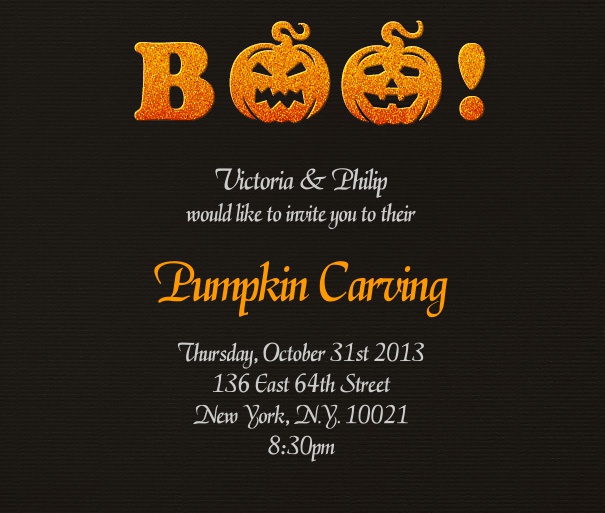 Black Halloween Invitation Template with Pumpkins and Boo text