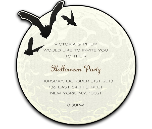 Round Halloween themed party invitation with Bats and moon.